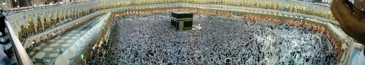 The cuboid Kaaba (center) was supposedly built by Abraham as the first place to worship Allah (God).